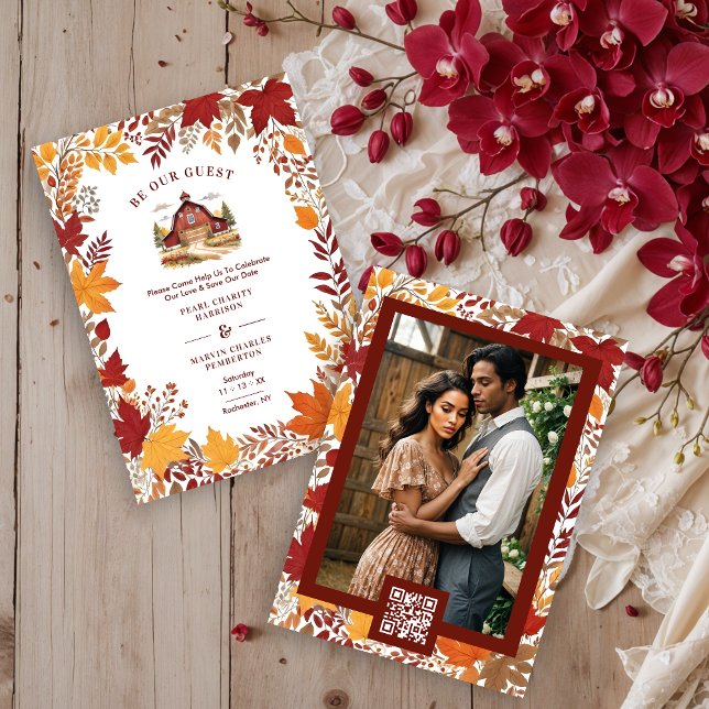 Reserva La Fecha Rustic Barn Botanical Fall Leaves & Branches Frame (Exquisite Rustic Barn Classic Farmhouse Style with Delicate Narrow Botanical Fall Leaves & Branches.)