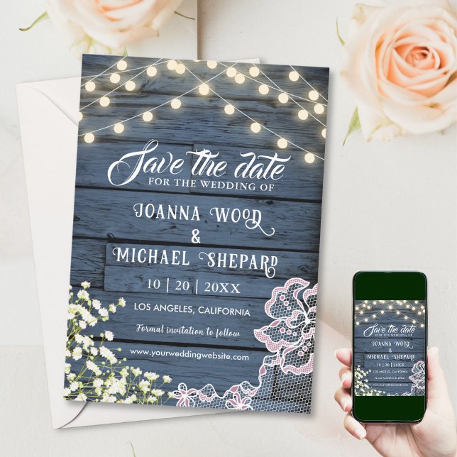 Reserva La Fecha Rustic Barn Navy Blue Wood String Luces & Lace (Subido por el creador)