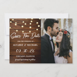 Reserva La Fecha Rustic Barn Wood String Luces Boda Foto