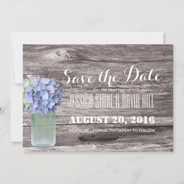 Reserva La Fecha Rustic Blue Hydrangea Mason Jar Wood Save the Date (Anverso)