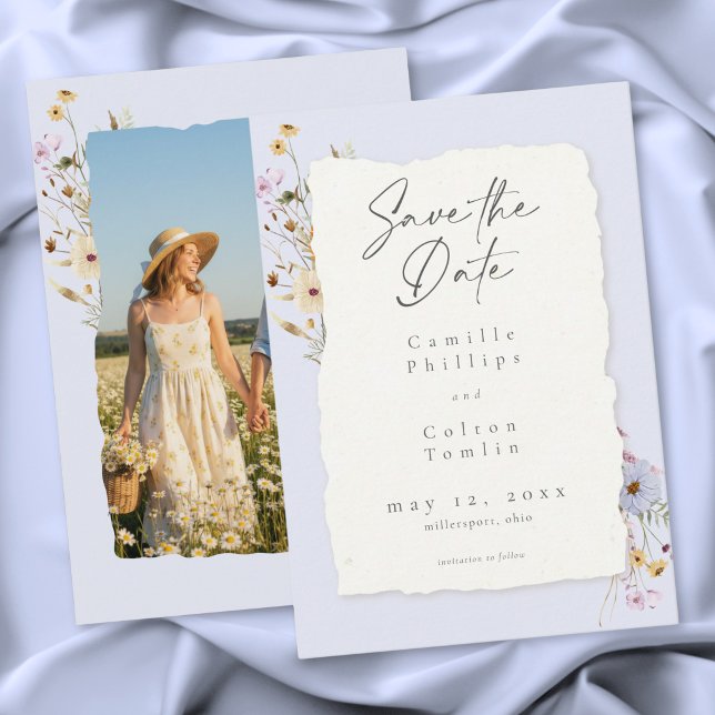 Reserva La Fecha Rustic Blue Romantic Wildflower Wedding Photo (Rustic Blue Romantic Wildflower Wedding Photo Save The Date)