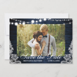 Reserva La Fecha Rustic Blue Wood String Lights Lace Photo