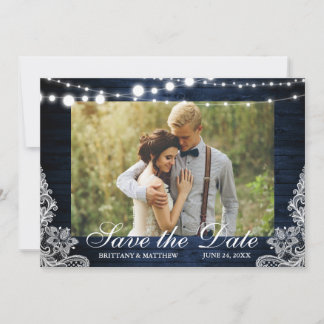 Reserva La Fecha Rustic Blue Wood String Lights Lace Photo