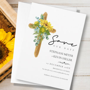 Reserva La Fecha Rustic Boho Wood Sunflower Greenery Cross Wedding