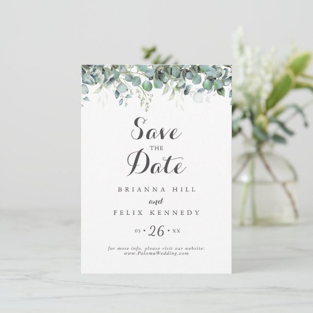 Reserva La Fecha Rustic Botanical Eucalyptus Greenery Wedding (Anverso de pie)