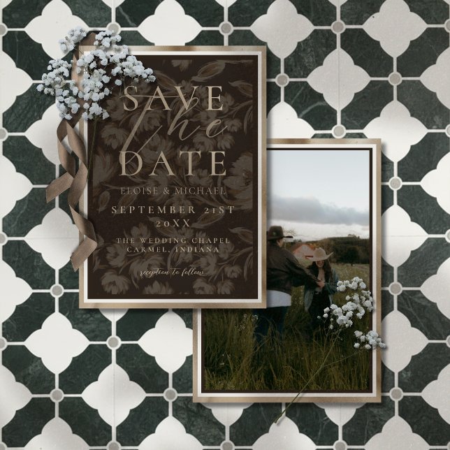 Reserva La Fecha Rustic Brown Botanical Pattern Photo Wedding (Announce your big day in a sophisticated style with this Rustic Brown Botanical Save the Date!)