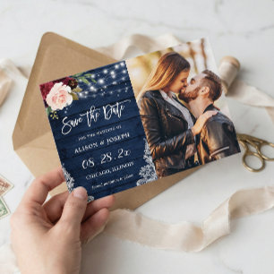 Reserva La Fecha Rustic Burgundy Blue String Luces Boda foto