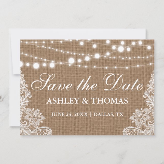 Reserva La Fecha Rustic Burlap String Lughts Lace Save the Date (Anverso)