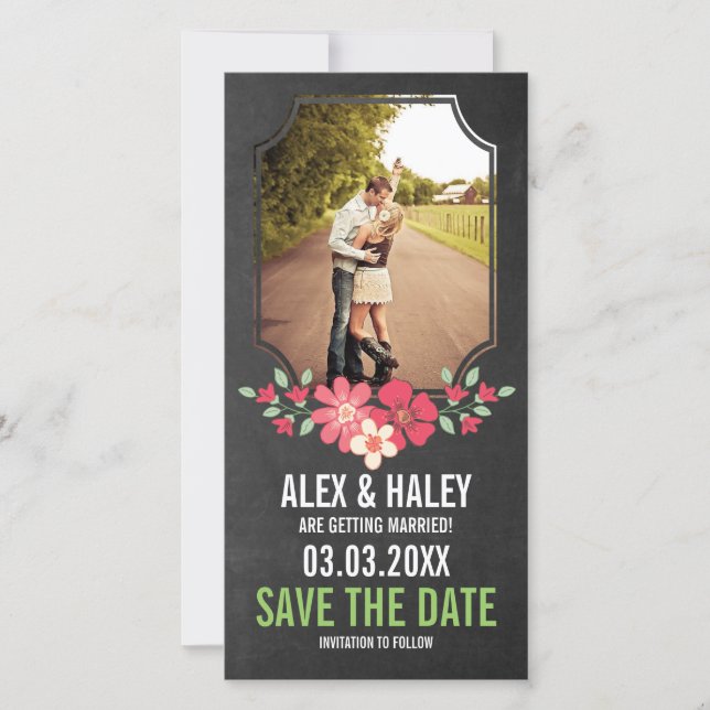 Reserva La Fecha Rustic Chalkboard Floral Save the Date Photo Card (Anverso)