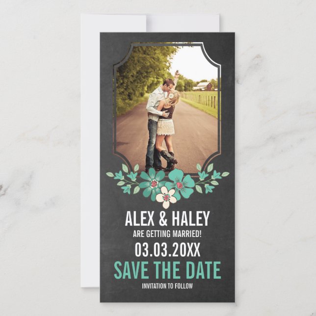Reserva La Fecha Rustic Chalkboard Floral Save the Date Photo Card (Anverso)