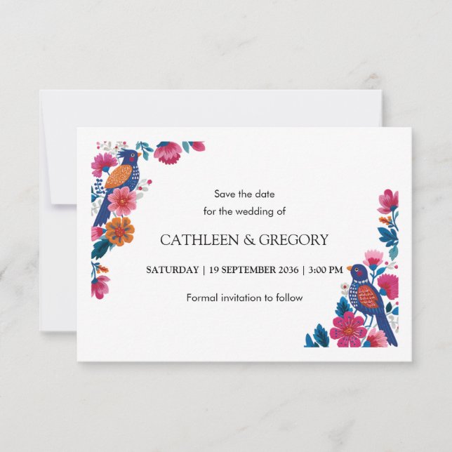 Reserva La Fecha Rustic Ethnic Folk Birds and Flowers Wedding (Anverso)