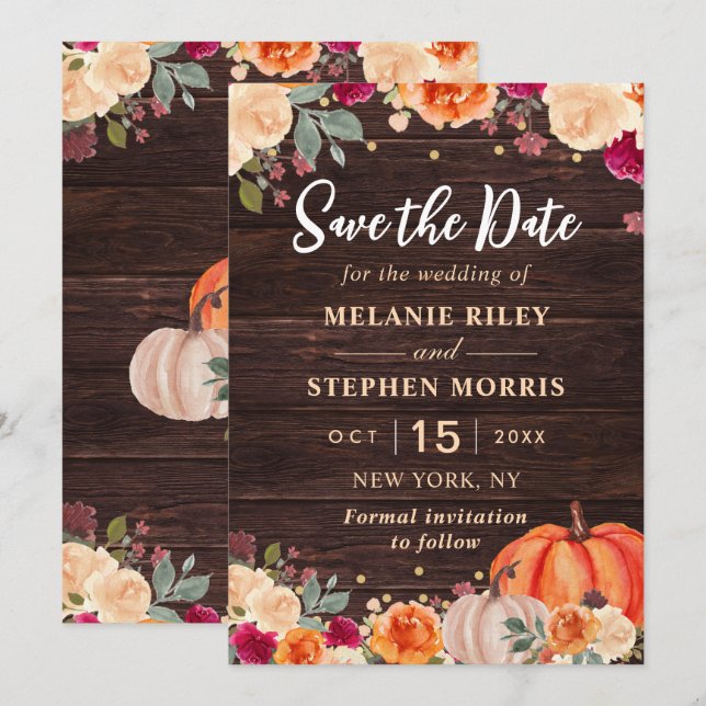 Reserva La Fecha Rustic Fall Boda floral de calabaza salva la fecha (Anverso / Reverso)
