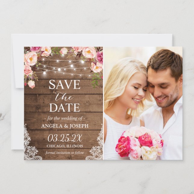 Reserva La Fecha Rustic Floral String Lights Photo Save the Date (Anverso)