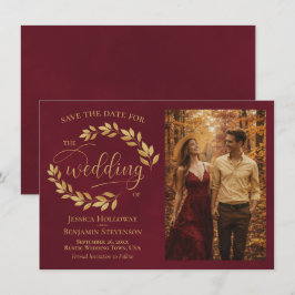 Reserva La Fecha Rustic Golden Leaves on Burgundy Photo Wedding