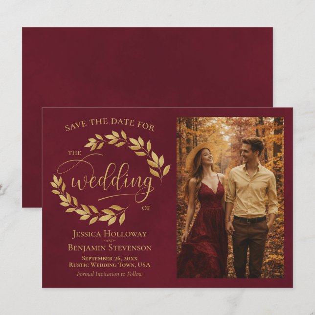 Reserva La Fecha Rustic Golden Leaves on Burgundy Photo Wedding (Anverso / Reverso)