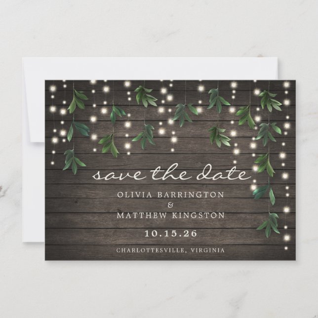 Reserva La Fecha Rustic Leaf String Lights Photo Save the Date (Anverso)