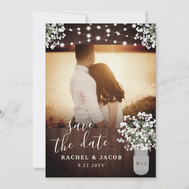 Reserva La Fecha Rustic Mason Jar Lights Wedding Save the Date Card (Anverso)