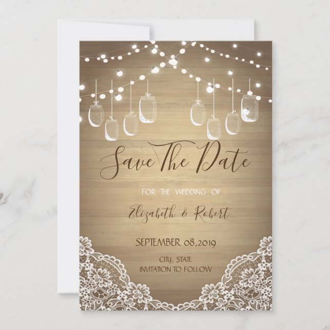Reserva La Fecha Rustic Mason Jar,String Lights, Lace Save The Date (Anverso)