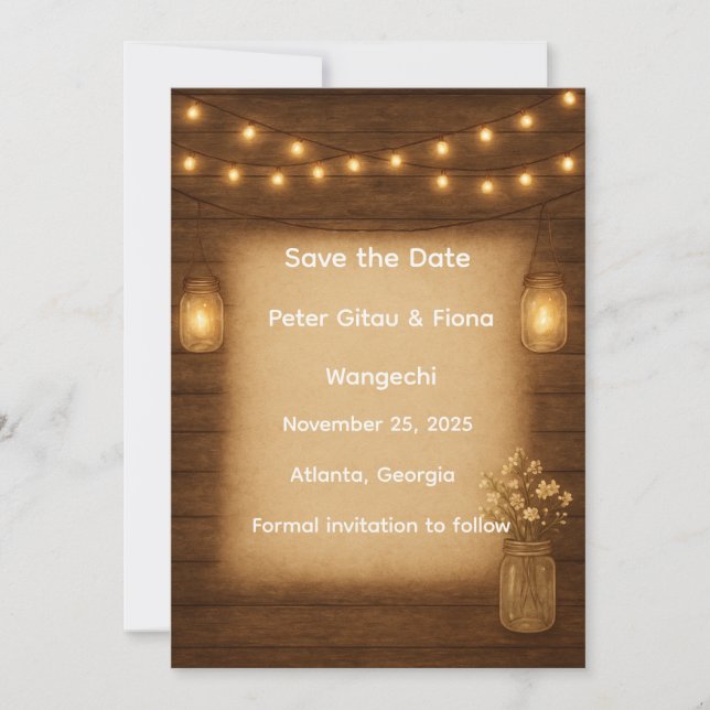 Reserva La Fecha Rustic Mason Jar String Lights Save the Date Card (Anverso)