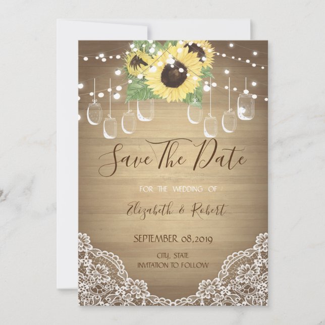 Reserva La Fecha Rustic Mason Jar, Sunflower, Lace Save the Date (Anverso)
