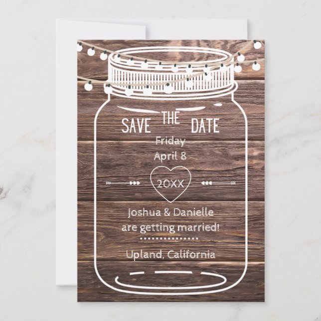Reserva La Fecha Rustic Mason String Lights Jar Save the Date Card (Anverso)