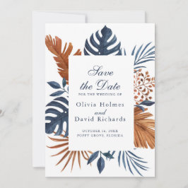 Reserva La Fecha Rustic Midnight Blue Monstera Save the Date Card