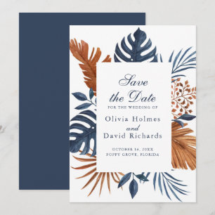 Reserva La Fecha Rustic Midnight Blue Monstera Save the Date Card