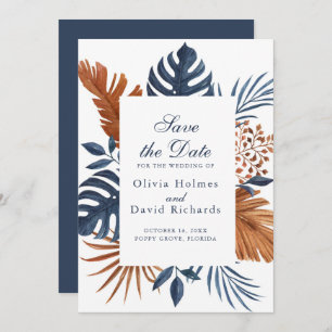 Reserva La Fecha Rustic Midnight Blue Monstera Save the Date Card