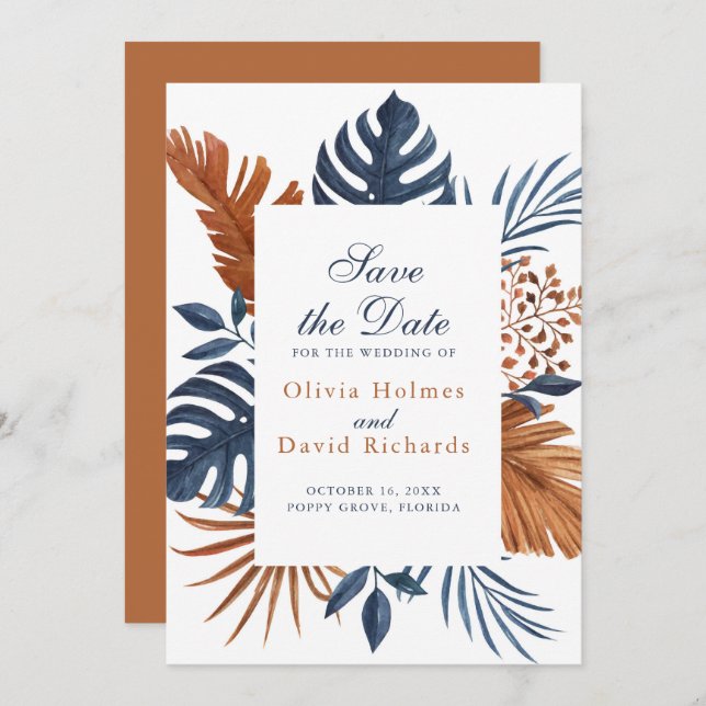 Reserva La Fecha Rustic Midnight Blue Monstera Save the Date Card (Anverso / Reverso)