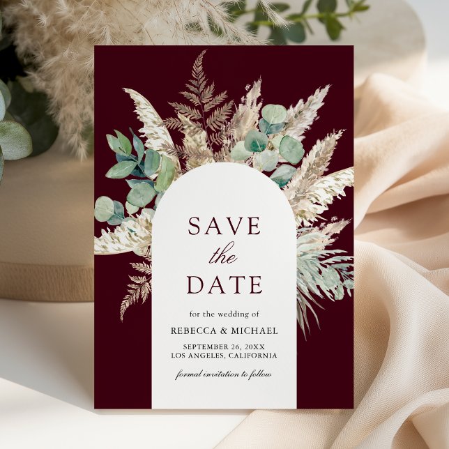 Reserva La Fecha Rustic Pampas Eucalyptus Arch Burgundy Wedding (Subido por el creador)