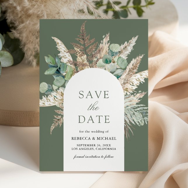 Reserva La Fecha Rustic Pampas Eucalyptus Arch Sage Green Wedding (Subido por el creador)