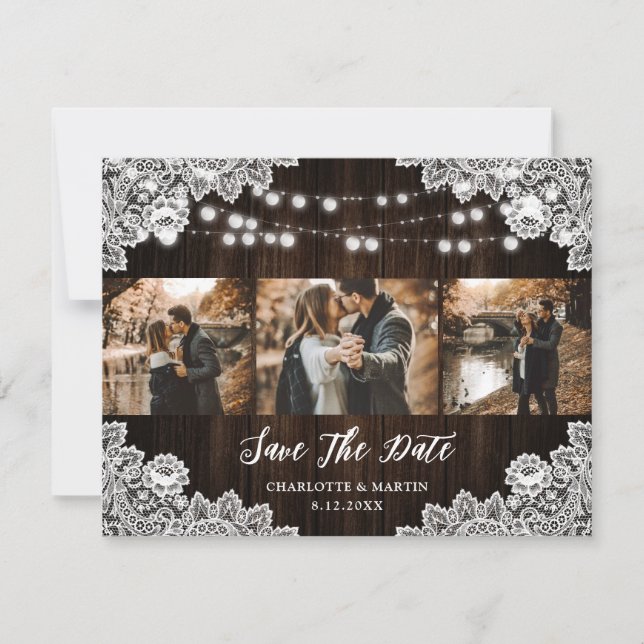 Reserva La Fecha Rustic Purple Blue Floral Lace 3 Photo Wedding (Anverso)