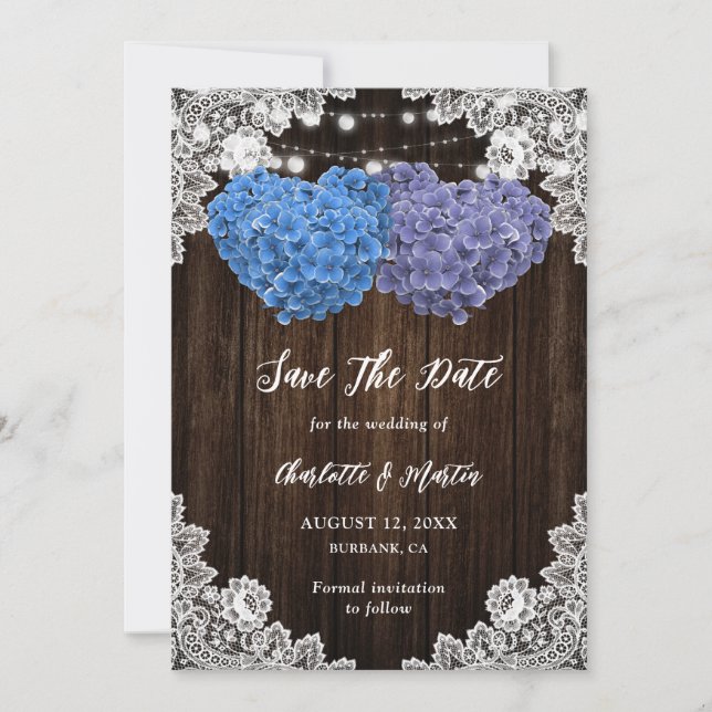 Reserva La Fecha Rustic Purple Blue Hydrangea Rustic Wood Wedding (Anverso)