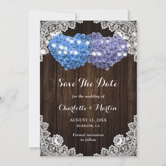 Reserva La Fecha Rustic Purple Blue Hydrangea Rustic Wood Wedding (Anverso)