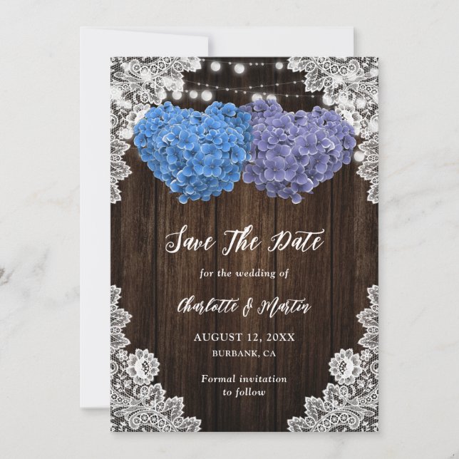 Reserva La Fecha Rustic Purple Blue Wood Lights Lace Floral Wedding (Anverso)