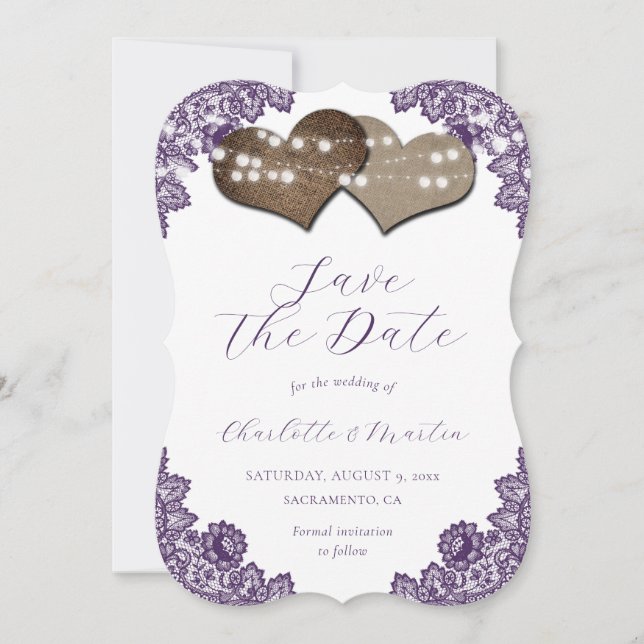 Reserva La Fecha Rustic Purple Floral Lace Burlap Hearts Wedding (Anverso)