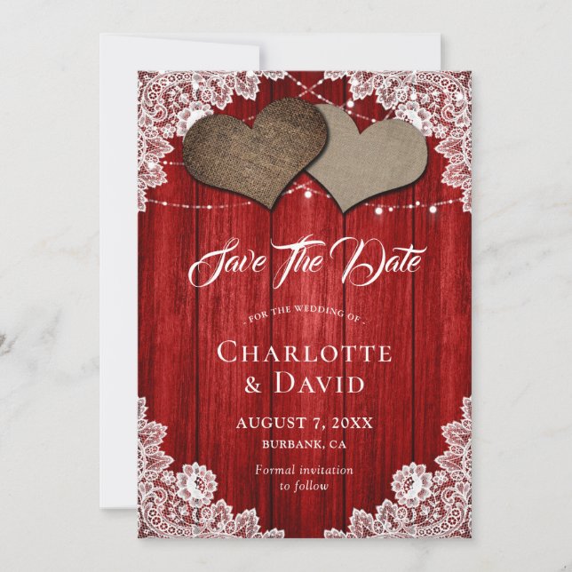 Reserva La Fecha Rustic Red Burlap Lace Wedding Save The Date Card (Anverso)