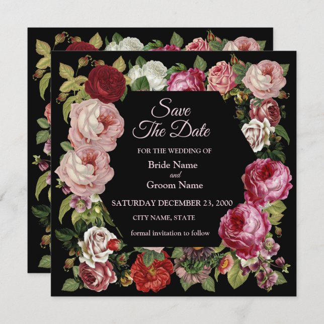 Reserva La Fecha Rustic Red Pink Floral Greenery Black (Anverso / Reverso)