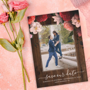 Reserva La Fecha Rustic Save our Date Coral Burgundy Floral Photo