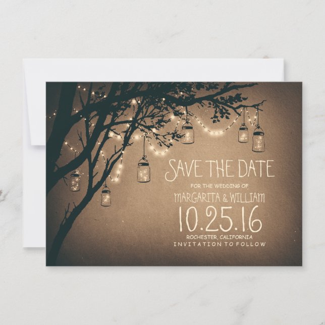 Reserva La Fecha Rustic Save the Date y las luciérnagas mason Jars (Anverso)