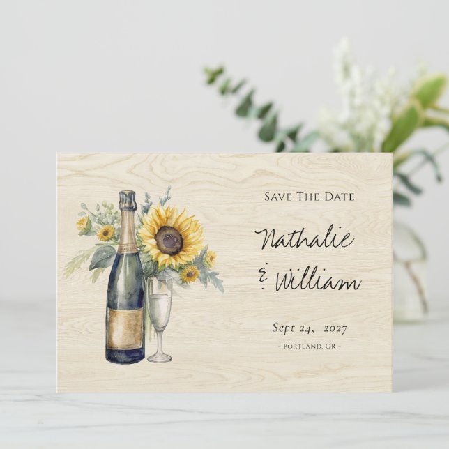 Reserva La Fecha Rustic Sunflower Champagne Save the Date Card (Anverso de pie)