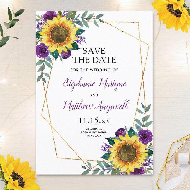Reserva La Fecha Rustic Sunflower Purple Floral Geometric Wedding (Subido por el creador)