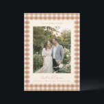 Reserva La Fecha Rustic Terracotta Gingham Plaid Photo Wedding<br><div class="desc">This save the date card features a favorite couple photo framed by a soft gingham border with the couple’s names, wedding date, and location below. The warm neutral pattern adds a relaxed, charming touch while keeping the focus on your engagement photo. The back can include a wedding website or QR...</div>