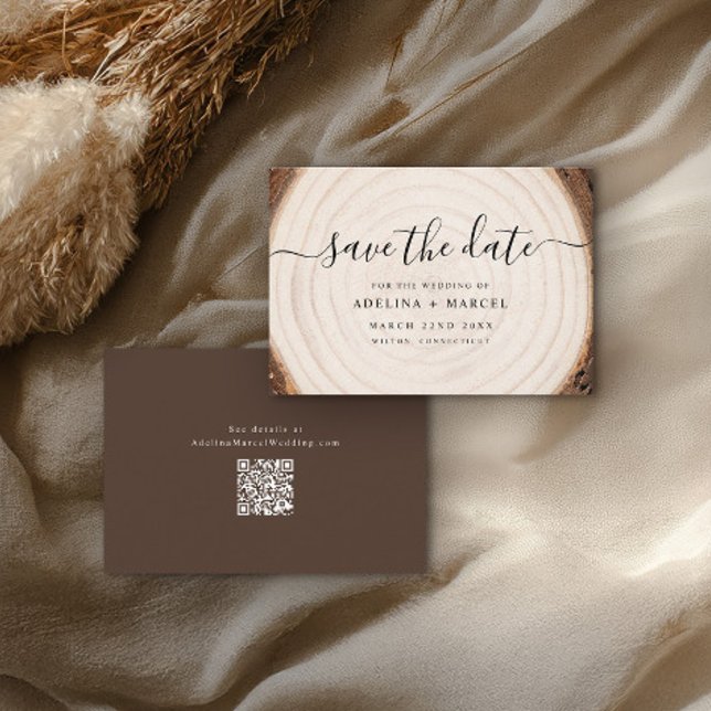 Reserva La Fecha Rustic Tree Ring Wood with Wedding Website QR Code (Subido por el creador)