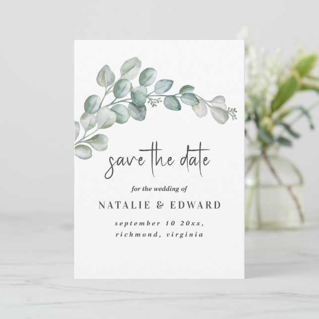 Reserva La Fecha Rustic Watercolor Eucalyptus Greenery Wedding (Anverso de pie)