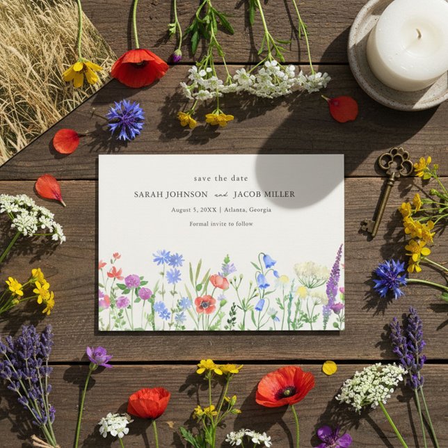 Reserva La Fecha Rustic Wildflower Meadow Wedding Photo  (Rustic Wildflower Meadow Wedding Photo Save The Date)