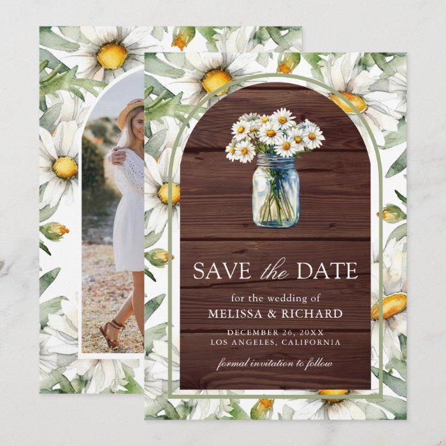Reserva La Fecha Rustic Wood Daisies Floral Mason Jar Photo Wedding (Anverso / Reverso)