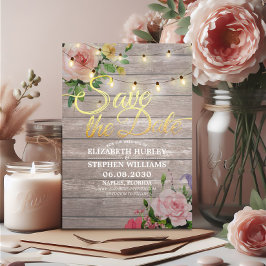 Reserva La Fecha Rustic Wood Floral String Lights Boda Save Date