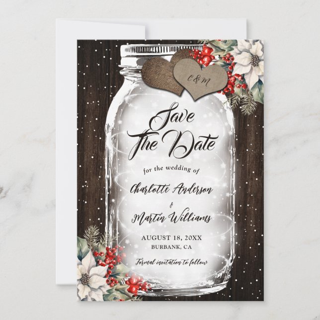 Reserva La Fecha Rustic Wood Holly Berries Mason Jar Winter Wedding (Anverso)