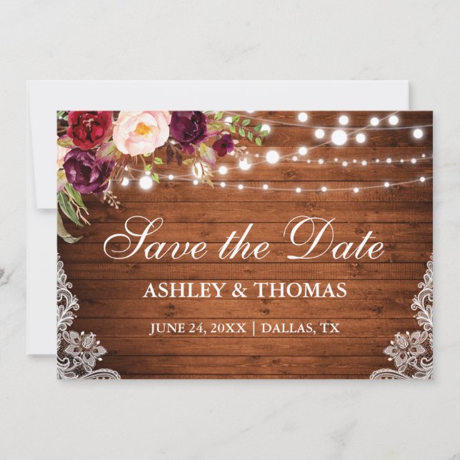 Reserva La Fecha Rustic Wood Luces Floral Lace Save the Date (Anverso)